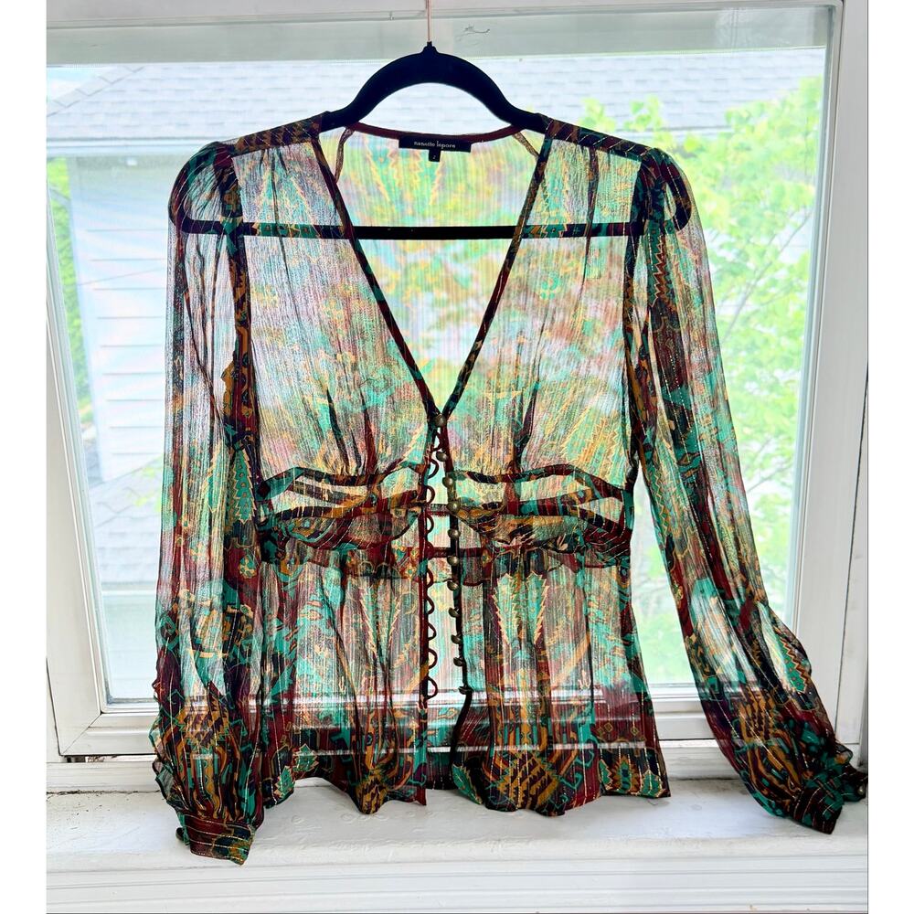 Nanette Lepore Silk Metallic Sheer Southwestern Artisan Boho Chic Blouse Size 2